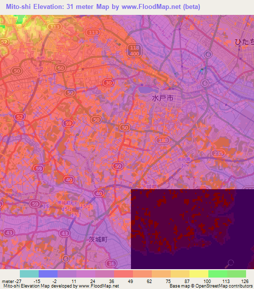 Mito-shi,Japan Elevation Map