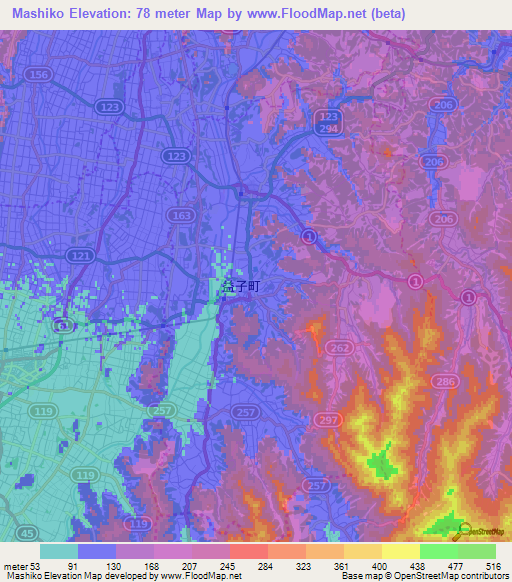 Mashiko,Japan Elevation Map