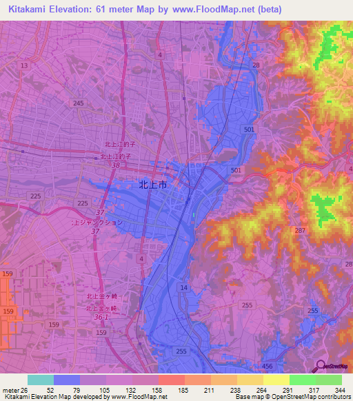 Kitakami,Japan Elevation Map