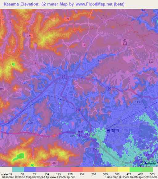Kasama,Japan Elevation Map