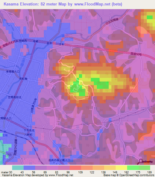 Kasama,Japan Elevation Map
