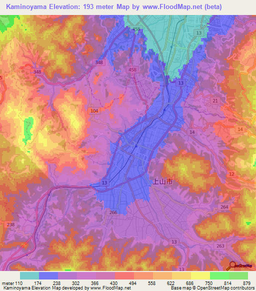 Kaminoyama,Japan Elevation Map