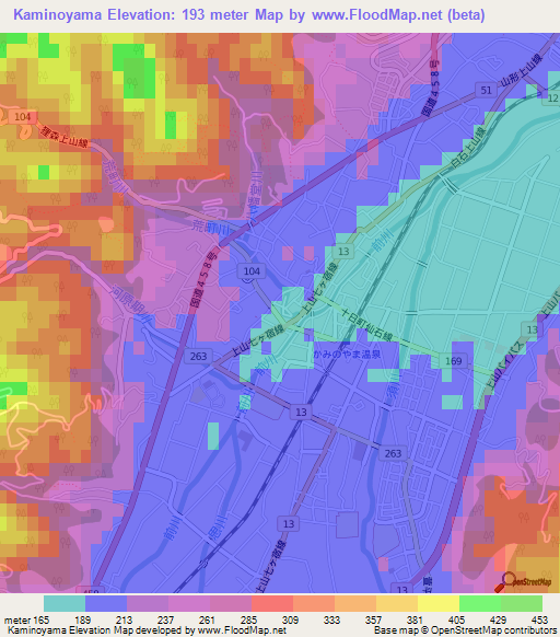 Kaminoyama,Japan Elevation Map