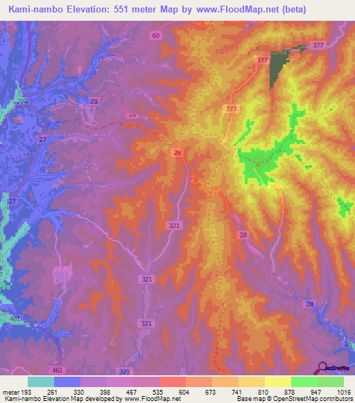 Kami-nambo,Japan Elevation Map
