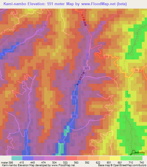 Kami-nambo,Japan Elevation Map