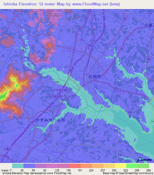 Ishioka,Japan Elevation Map