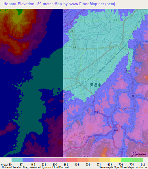Hobara,Japan Elevation Map