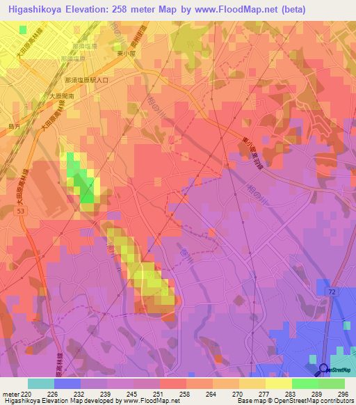 Higashikoya,Japan Elevation Map