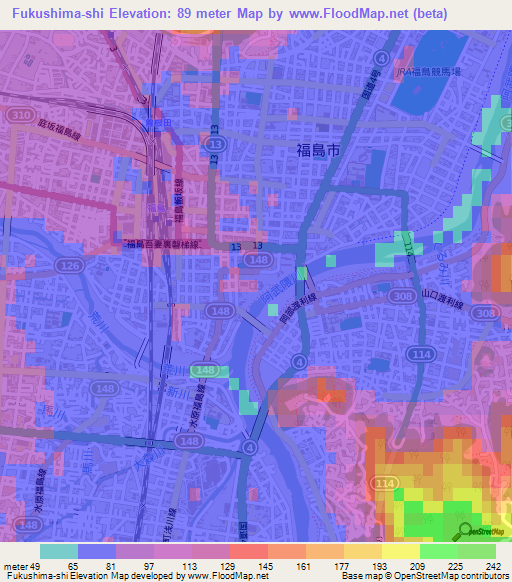 Fukushima-shi,Japan Elevation Map