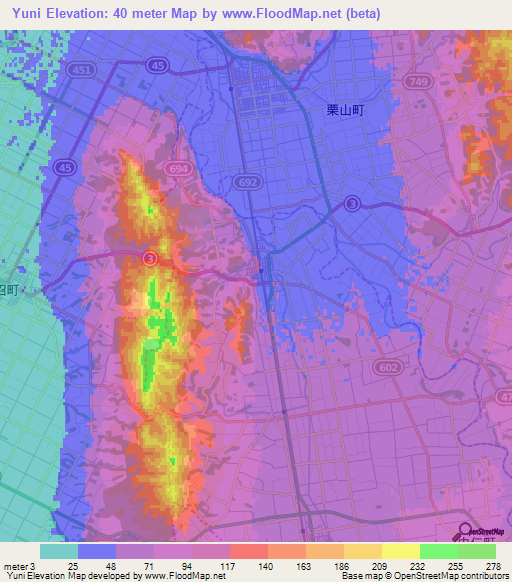 Yuni,Japan Elevation Map