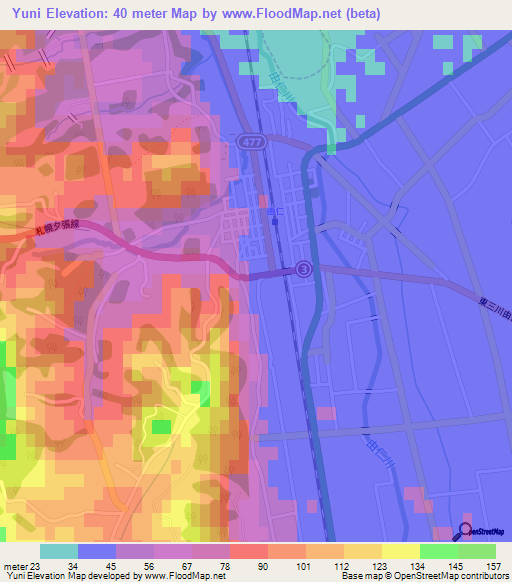 Yuni,Japan Elevation Map