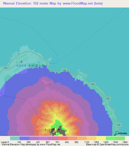 Wannai,Japan Elevation Map