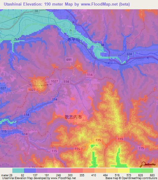 Utashinai,Japan Elevation Map