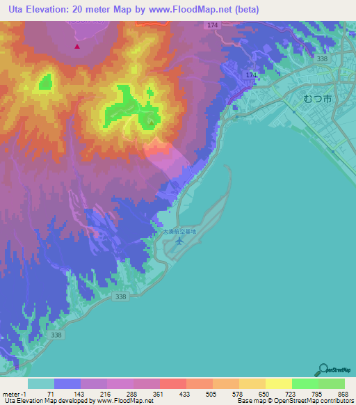 Uta,Japan Elevation Map