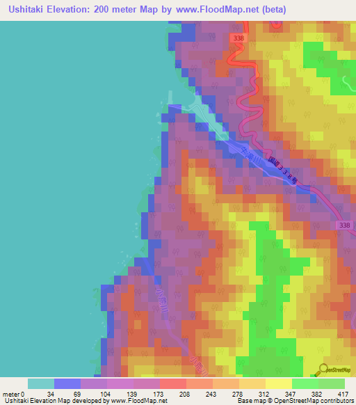 Ushitaki,Japan Elevation Map