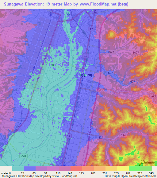 Sunagawa,Japan Elevation Map