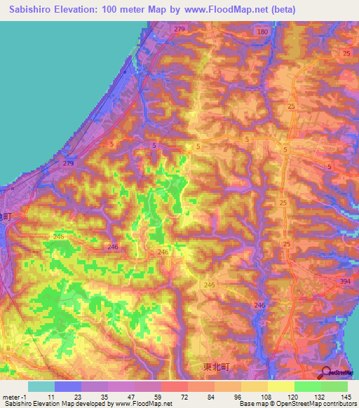 Sabishiro,Japan Elevation Map