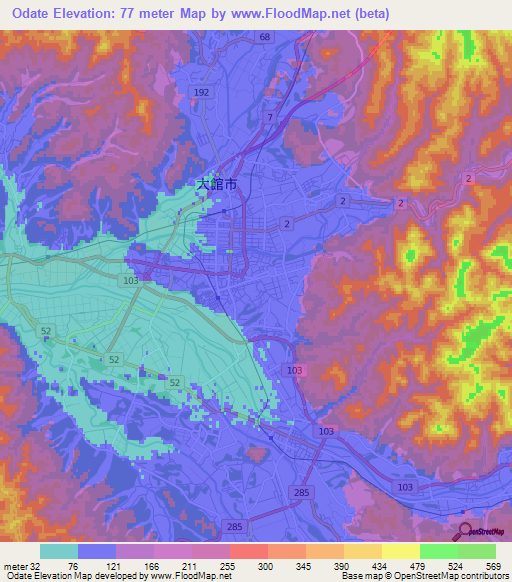 Odate,Japan Elevation Map