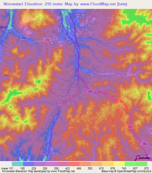 Ninowatari,Japan Elevation Map
