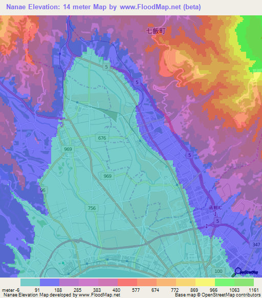 Nanae,Japan Elevation Map