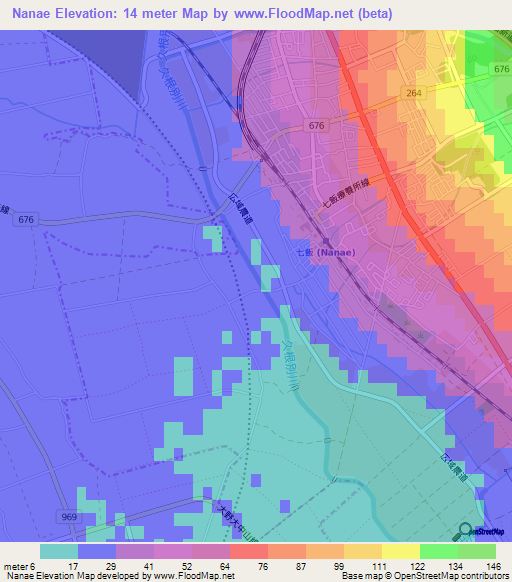 Nanae,Japan Elevation Map
