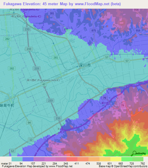 Fukagawa,Japan Elevation Map