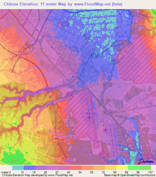 Chitose,Japan Elevation Map