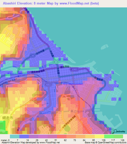 Abashiri,Japan Elevation Map