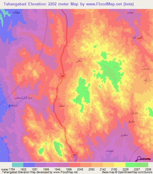 Tahangabad,Iran Elevation Map
