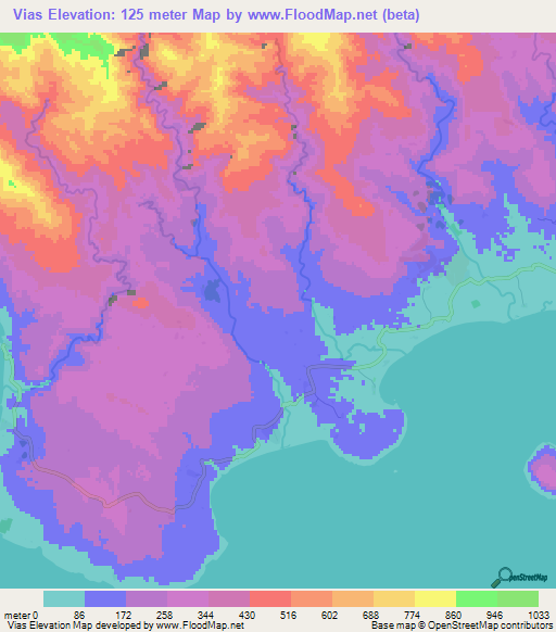 Vias,Vanuatu Elevation Map