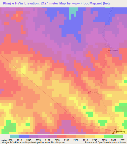 Kharj-e Pa'in,Iran Elevation Map