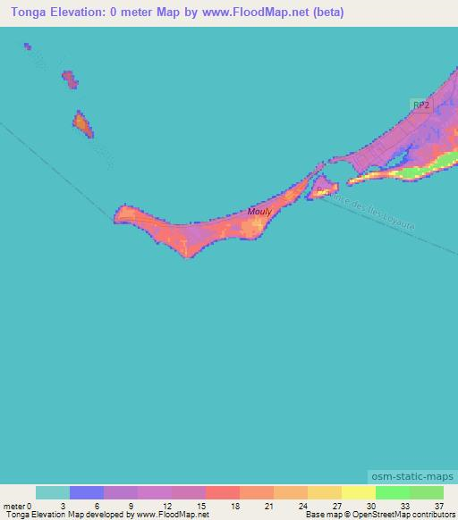Tonga,New Caledonia Elevation Map