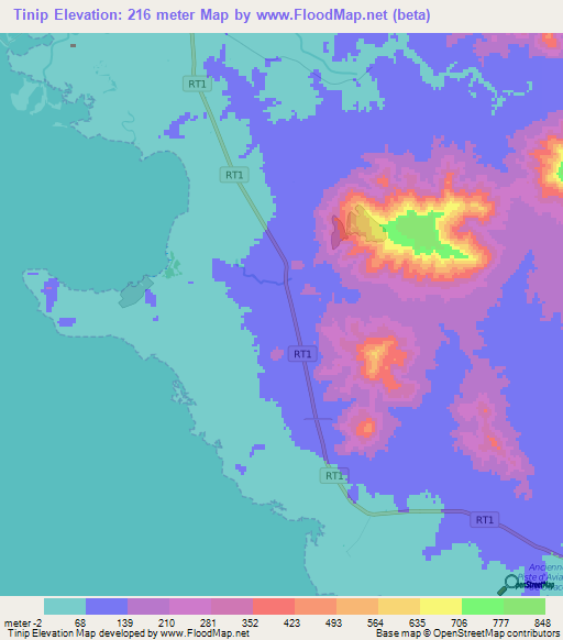Tinip,New Caledonia Elevation Map