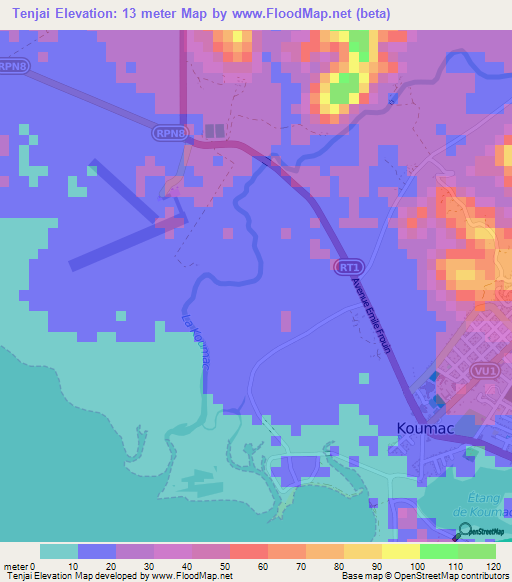 Tenjai,New Caledonia Elevation Map