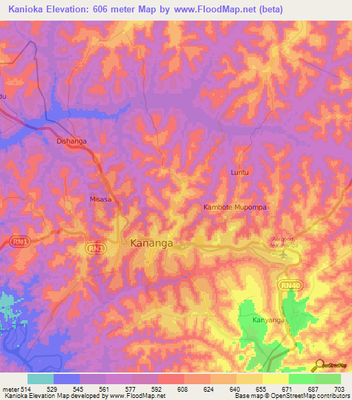 Kanioka,Congo (Kinshasa) Elevation Map