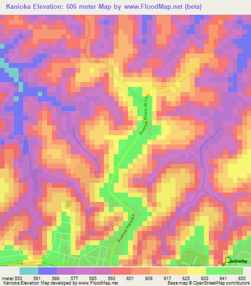 Kanioka,Congo (Kinshasa) Elevation Map