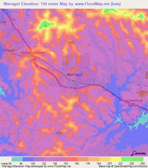 Warragul,Australia Elevation Map