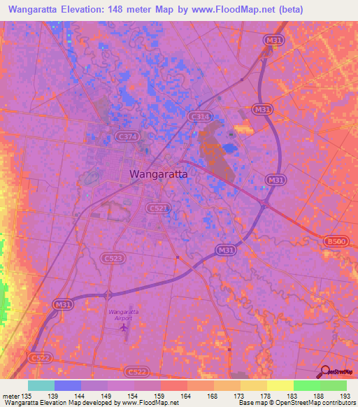 Wangaratta,Australia Elevation Map