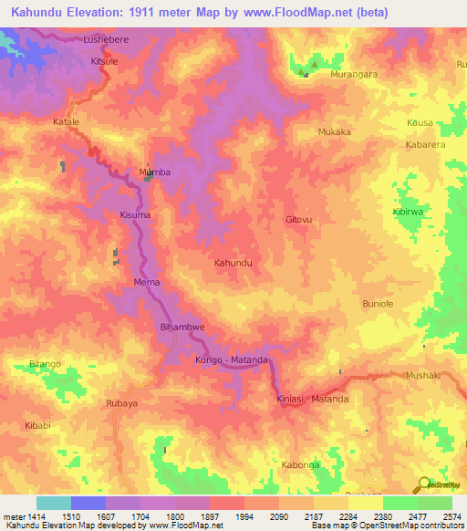 Kahundu,Congo (Kinshasa) Elevation Map