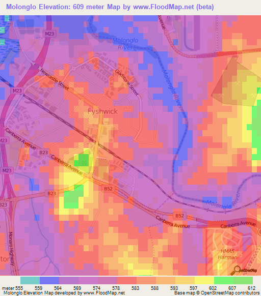 Molonglo,Australia Elevation Map