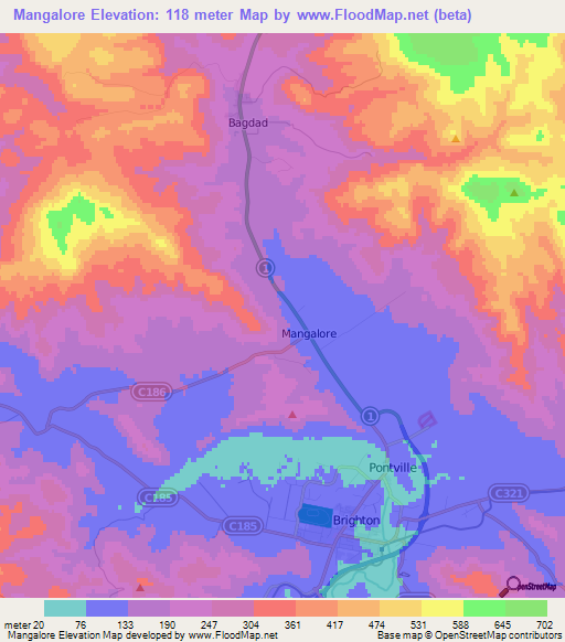 Mangalore,Australia Elevation Map