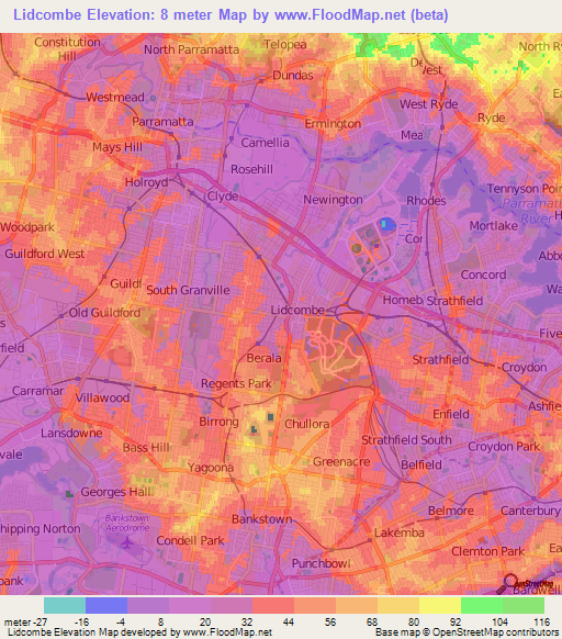 Lidcombe,Australia Elevation Map