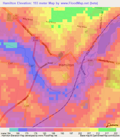 Hamilton,Australia Elevation Map