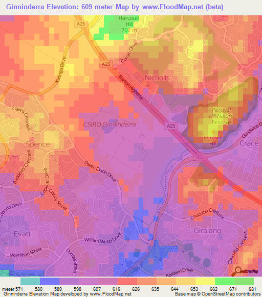 Ginninderra,Australia Elevation Map