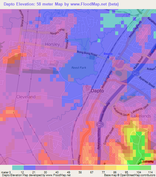 Dapto,Australia Elevation Map