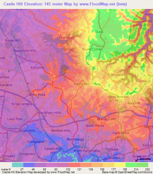 Castle Hill,Australia Elevation Map