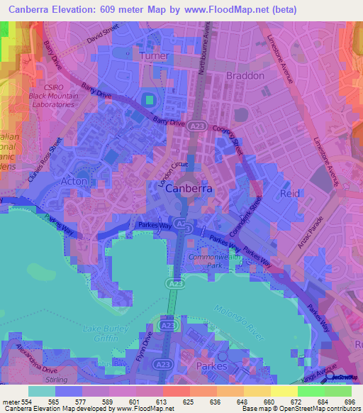Canberra,Australia Elevation Map