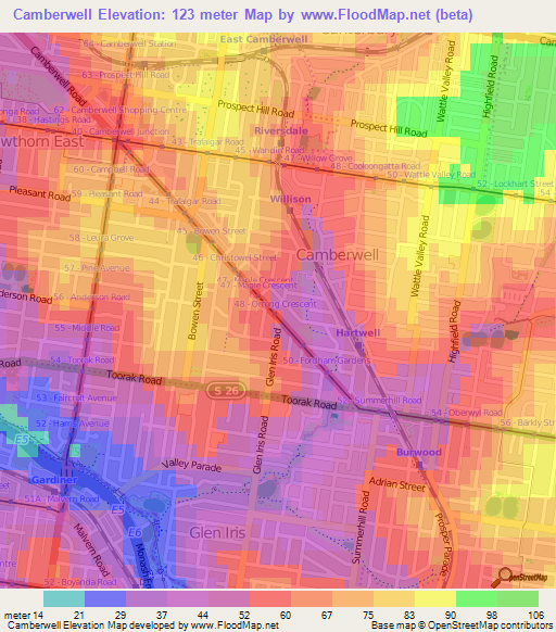 Camberwell,Australia Elevation Map
