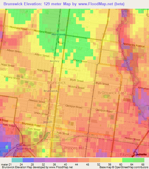 Brunswick,Australia Elevation Map