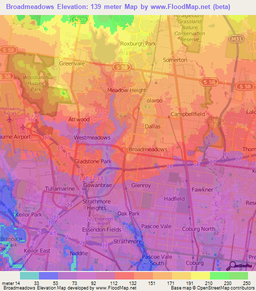 Broadmeadows,Australia Elevation Map